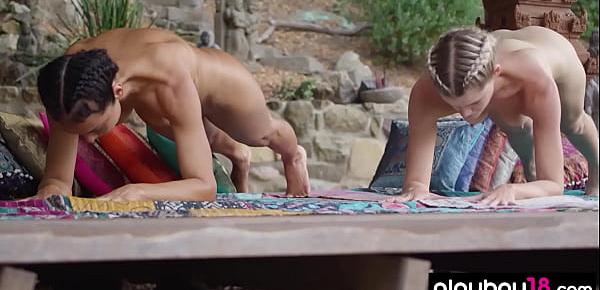  Flexible busty MILF Daniella Smith and skinny teen doing nude yoga outdoor